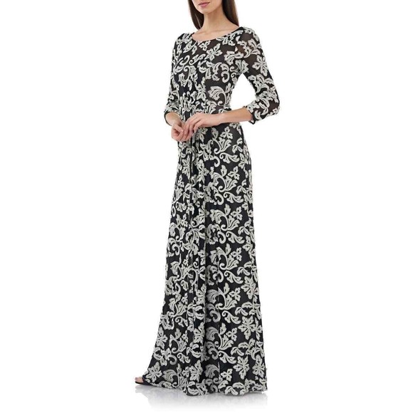 JS COLLECTIONS Black Silver Romantic Embroidered Mesh 3/4 Sleeve Gown 8 US - Picture 5 of 5